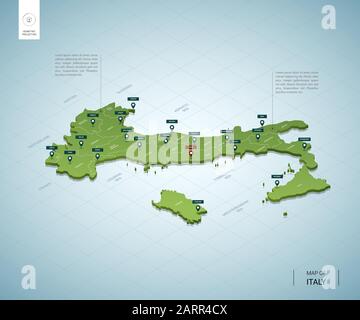 Stilisierte Karte Italiens. Isometrische 3D-Grünkarte mit Städten, Grenzen, Hauptstadt Rom, Regionen. Vektorgrafiken. Editierbare Ebenen, die deutlich beschriftet sind. Engli Stock Vektor