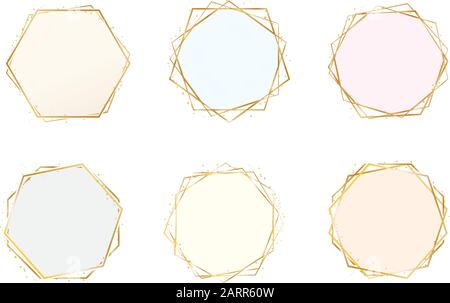 Sechs zarte geometrische Polygonalrahmen. Dekore aus der Vintage-Kunst. Elegante, trendige, luxuriöse Vektorsammlung aus Polyeder im Art Deco-Stil für Hochzeitsfeiern Stock Vektor