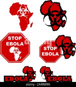 Konzeptdarstellung, die die Karte Afrikas zeigt, ein Schild mit biologischer Gefährdung und Stoppzeichen mit der Botschaft, die Ausbreitung des ebola-virus zu stoppen Stock Vektor