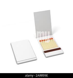 Papierbuch mit Streichhölzern. 3D-Darstellung isoliert auf weißem Hintergrund Stockfoto