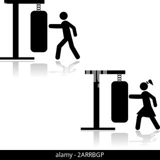 Symboldarstellung, die einen Mann und eine Frau in einem Fitnessstudio zeigt, die eine Sandtasche stanzen Stock Vektor