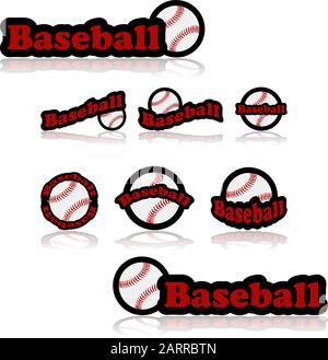 Symbolsatz, der einen Baseball in Kombination mit verschiedenen Darstellungen des Wortes Baseball zeigt Stock Vektor