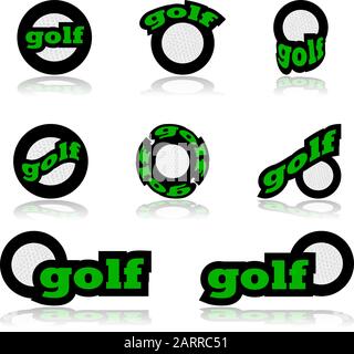Symbolsatz, der einen Golfball in Kombination mit verschiedenen Darstellungen des Wortes Golf zeigt Stock Vektor