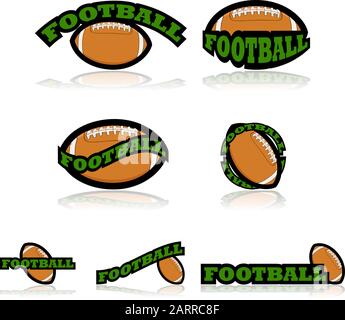 Symbolsatz, der einen American Football in Kombination mit verschiedenen Darstellungen des Wortes Fußball zeigt Stock Vektor