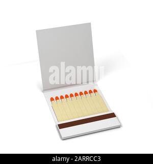 Papierbuch mit Streichhölzern. 3D-Darstellung isoliert auf weißem Hintergrund Stockfoto
