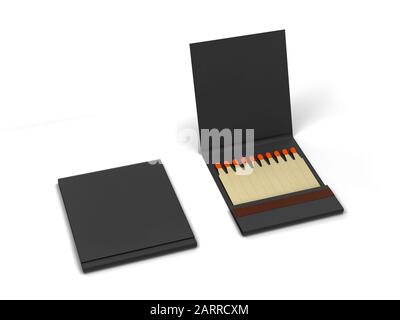 Papierbuch mit Streichhölzern. 3D-Darstellung isoliert auf weißem Hintergrund Stockfoto