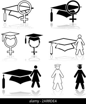 Konzeptdarstellung mit einer Graduierungsmütze gepaart mit grafischen Elementen, die Frauen darstellen Stock Vektor