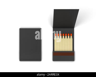 Papierbuch mit Streichhölzern. 3D-Darstellung isoliert auf weißem Hintergrund Stockfoto