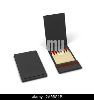Papierbuch mit Streichhölzern. 3D-Darstellung isoliert auf weißem Hintergrund Stockfoto