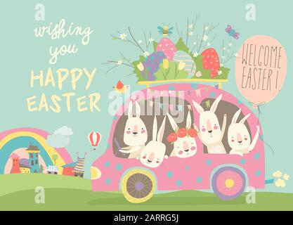 Niedliche Cartoon-Häschen, die mit ostereiern ein Auto fahren Stock Vektor