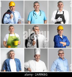Collage mit Mann in Uniformen verschiedener Berufe auf grauem Hintergrund Stockfoto