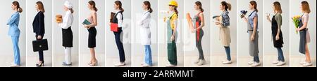 Collage mit Frau in Uniformen verschiedener Berufe Stockfoto