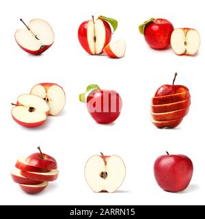 Satz frische Äpfel auf weißem Hintergrund Stockfoto