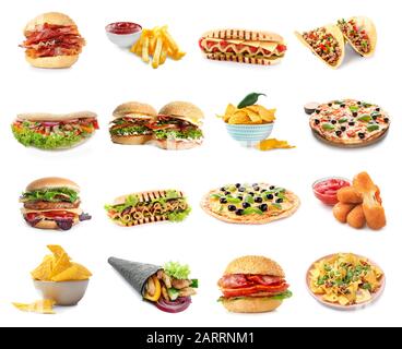 Verschiedene fast Food-Produkte auf weißem Hintergrund Stockfoto