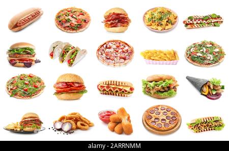 Verschiedene fast Food-Produkte auf weißem Hintergrund Stockfoto