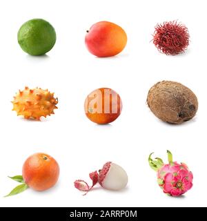 Auswahl an leckeren exotischen Früchten auf weißem Hintergrund Stockfoto