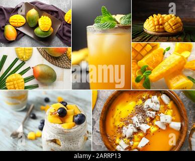 Collage von Fotos mit reifer Mango, Smoothie, Popskeln und frischem Saft Stockfoto