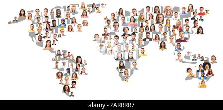 Collage mit verschiedenen Menschen aus aller Welt auf weißem Hintergrund Stockfoto