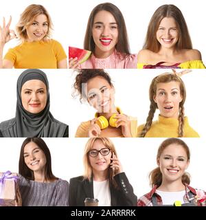 Collage mit verschiedenen Frauen auf weißem Hintergrund Stockfoto