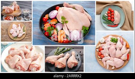 Collage mit rohem Hühnerfleisch und Gemüse Stockfoto