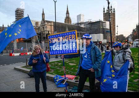 London, Großbritannien. Januar 2020. Anti-Brexit-Demonstranten, die beleuchtete Schilder und Flaggen auf dem Parliament Square tragen, fordern, den Boris Johnson, Premierminister, und seine Regierung während der bevorstehenden Brexit-Verhandlungen zur Rechenschaft zu ziehen. Großbritannien wird die Europäische Union am 31. Januar um 23 Uhr verlassen. Kredit: Stephen Chung / Alamy Live News Stockfoto