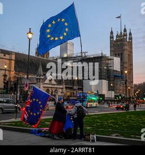 London, Großbritannien. Januar 2020. Anti-Brexit-Demonstranten, die beleuchtete Flaggen auf dem Parliament Square tragen, fordern, den Boris Johnson, Premierminister, und seine Regierung während der bevorstehenden Brexit-Verhandlungen zur Rechenschaft zu ziehen. Großbritannien wird die Europäische Union am 31. Januar um 23 Uhr verlassen. Kredit: Stephen Chung / Alamy Live News Stockfoto