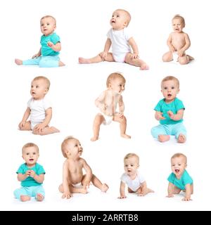 Collage mit niedlichen kleinen Babys auf weißem Hintergrund Stockfoto