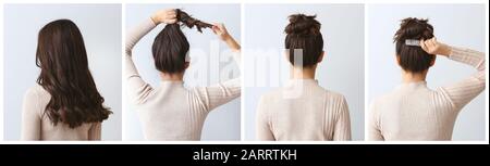 Collage schöner Frauen mit verschiedenen Frisuren auf hellem Hintergrund Stockfoto