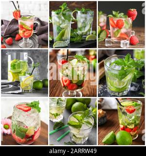 Collage von Fotos mit verschiedenen frischen Mojito-Cocktails Stockfoto