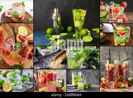 Collage von Fotos mit verschiedenen frischen Mojito-Cocktails Stockfoto