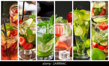 Collage von Fotos mit verschiedenen frischen Mojito-Cocktails Stockfoto