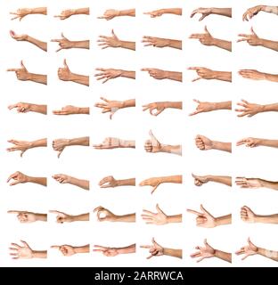 Gestikulierende männliche Hände auf weißem Hintergrund Stockfoto