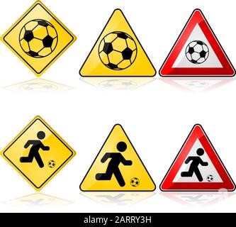 Symbolsatz mit Verkehrszeichen mit einem Fußballball oder mit einem Fußball spielenden Mann Stock Vektor