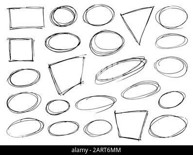 Satz handgezeichneter, auf Weiß isolierter Scribble Symbole. Abzeichen, Rahmen und Blasenformen im Doodle-Stil. Monochrome EPS8-Designelemente. Stock Vektor