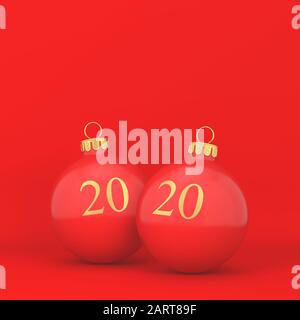 Zwei weihnachtskugeln mit Schild 2020 auf ihnen. Neujahr-Konzept. 3D-Abbildung Stockfoto