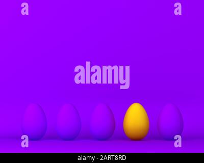 Ein einzigartiges Ei in einer Reihe. 3D-Abbildung. Minimales Konzept Stockfoto