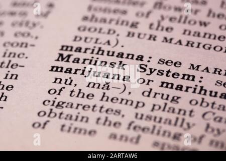 Woodbridge, NEW JERSEY/USA - 29. Januar 2020: Das Wort Marihuana wird in einem alten Webster-Wörterbuch in diesem illustrierenden redaktionellen Imag hervorgehoben Stockfoto