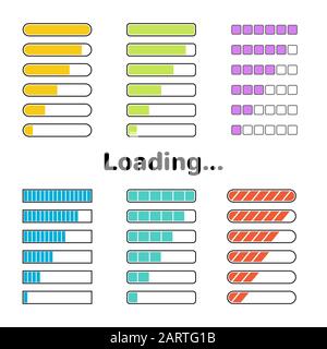 Bunte Lade- oder Fortschrittsbalken gesetzt. Web-UI-Elemente anderer Art. Vektordesign Stock Vektor