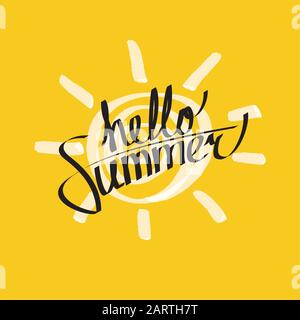 Hello Summer Schriftkomposition mit handgezogener Sonne im Hintergrund. Vector eps10-Abbildung. Stock Vektor