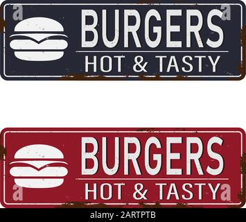 Vintage Metal Sign - Burger - Vector EPS10. Grunge-Effekte lassen sich leicht entfernen, um ein brandneues, sauberes Design zu erhalten. Stock Vektor
