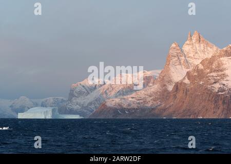 Sonnenaufgang im Fjord Scoresby Sund. Schwimmender Eisberg mit rötlich gefärbten Bergen. Kangertitittivaq, Grönland, Dänemark Stockfoto