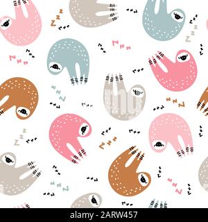 Süßes Faultier, das an Bambus hängt. Süßes Vektormuster im skandinavischen Stil. Stock Vektor