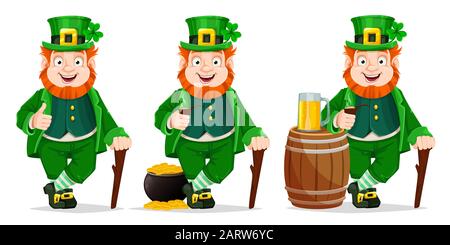 Stock-Vektor Leprechaun Cartoon-Charakter. Alles gute zum St. Patrick's Day. Abbildung von Leprechaun, Satz mit drei Posen Stock Vektor