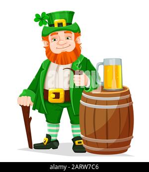 Leprechaun Cartoon-Charakter mit Rauchrohr steht in der Nähe von Holzfass. Alles gute zum Saint Patrick's Day. Illustration von Leprechaun. Bestandsvektor Stock Vektor