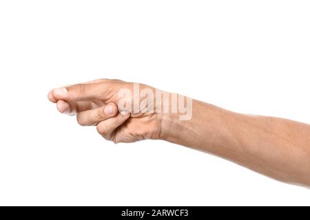 Gestierende männliche Hand auf weißem Hintergrund Stockfoto