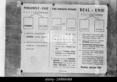 Reproduktionen kommunistischer Propaganda aus Surabaya Beispiele staatlicher Formen. Human Union (Dänemark-Island), Union Indonesia Belanda und Real Union (Österreich) Datum: Februar 1947 Ort: Indonesien, Niederländisch-Ostindien Stockfoto
