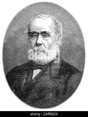 Ein Porträt von Sir Joseph Whitworth, (1803-1887), einem englischen Ingenieur, Unternehmer, Erfinder und Philanthrop. Im Jahr 1841 entwickelte er das britische Standard Whitworth-System, das einen anerkannten Standard für Schraubengewinde schuf. Whitworth schuf auch das Whitworth-Gewehr, das wegen seiner Genauigkeit oft "Sharpshooter" genannt wird und als eines der frühsten Beispiele für ein Scharfschützengewehr gilt. Stockfoto