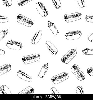 Hot Dog Seamless Hintergrund Hand Drawn Art. Fast Food kontinuierliches Muster aus skizzenhaften Hot Dogs und Plastikflaschen mit Sauce zufällig auf Weiß platziert. Stock Vektor