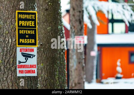 Nahaufnahme der französischen kanadischen Überwachungskamera für Privateigentum. Warnschilder an Baumstämmen mit verschwommem Gebäude im Hintergrund Stockfoto