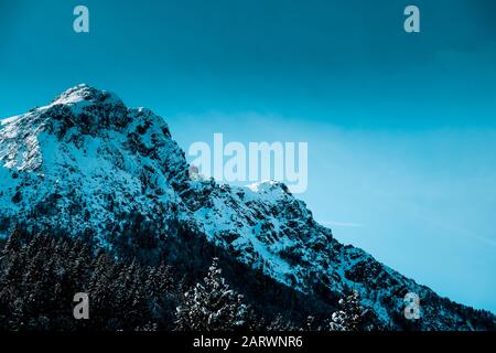 Panorama-Aufnahme von schneebedeckten zerklüfteten Berggipfel mit alpinen Bäume am Fuße des Berges Stockfoto